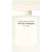 White rectangular perfume bottle with black text, "Pure Musc Blanc Narciso Rodriguez For Her," and a matching cap.