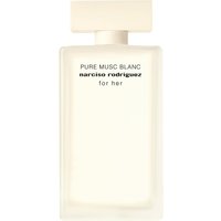 White rectangular perfume bottle with black text, featuring a minimalist design and a matching white cap.