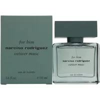 Narciso Rodriguez For Him Vetiver Musc Eau De Toilette 50ml, gray rectangular bottle with matching cap and box.