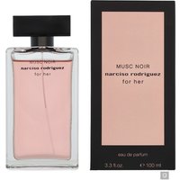 Clear glass bottle with pink perfume, black cap, and matching black box labeled "Musc Noir For Her Eau de Parfum 100ml".