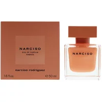Narciso Ambree Eau De Parfum 50ml, amber square bottle with matching cap, next to matching amber box.