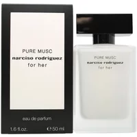White rectangular Narciso Rodriguez Pure Musc perfume bottle with black cap, next to matching black and white box.