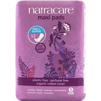 Purple pack of Natracare Organic Cotton Maxi Pads, Super, with floral design and "plastic free" label, pack of 12.