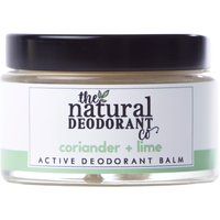 Clear jar with black lid, white label reading "coriander & lime" Natural Deodorant Co Active Deodorant Balm.
