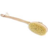 Natural sisal body brush with long wooden handle and oval bristle head, featuring a hanging loop.