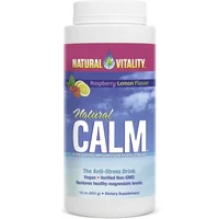 Natural Vitality Natural Calm Raspberry Lemon 453g, white bottle with purple label, citrus images, dietary supplement.