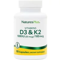 Nature's Plus Vitamin D3 & K2 bottle, white with green and yellow label, 90 capsules, 1000iu/100mcg.