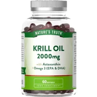 Nature's Truth Krill Oil 2000mg softgels in clear bottle with green label, 60 count, featuring astaxanthin and omega-3.