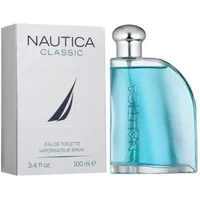 Nautica Classic Eau De Toilette 100ml, blue curved bottle with silver cap, next to white box with navy sailboat logo.