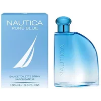Nautica Pure Blue Eau De Toilette with blue gradient bottle and matching box featuring a white sailboat logo.