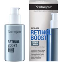 Neutrogena Anti-Age Retinol Boost Serum, silver bottle with white pump, next to matching box.