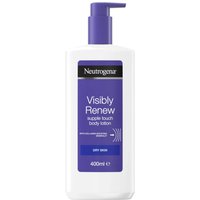White Neutrogena body lotion bottle with purple pump and label, 400 ml, labeled "Visibly Renew Elasti-Boost."