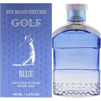 Blue glass bottle of Golf Blue Eau de Toilette by New Brand Parfums, with silver cap and matching box.