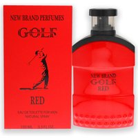 Red New Brand Parfums Golf Red Eau de Toilette 100ml bottle with black cap and matching red box featuring golfer silhouette.