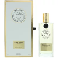 Clear glass bottle with gold cap, Nicolai Baikal Leather Intense Eau De Parfum 100ml, next to matching gold-accented box.