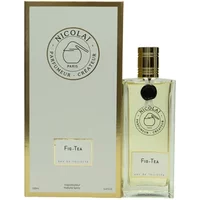 Nicolai Fig Tea Eau De Toilette 100ml in clear rectangular bottle with gold cap, matching box with logo and text.