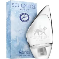 Nikos Sculpture Homme Eau De Toilette 100ml with clear sculpted bottle and blue box featuring a lion logo.
