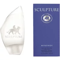 Clear glass bottle with curved design, featuring a griffin logo, next to a blue box labeled "Sculpture Mykonos."