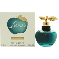 Teal apple-shaped Nina Ricci Luna Eau De Toilette bottle with gold leaf cap, next to matching box.