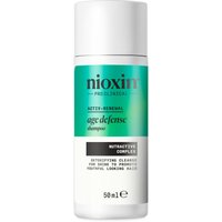 White Nioxin Age Defense Shampoo bottle, 50 ml, with green label and black text.