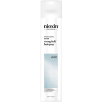 White Nioxin Density Defend Strong Hold Hairspray bottle with black text and light blue gradient label.