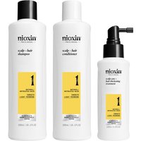 Nioxin Scalp + Hair System 1 set with white bottles, black caps, and yellow labels for natural hair thickening.