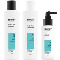 Nioxin Scalp + Hair Thickening System 3 set with white bottles, teal labels, and black pump on treatment bottle.