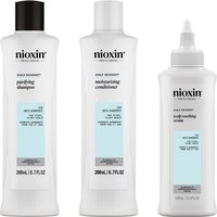 Nioxin Scalp Recovery Kit with white shampoo, conditioner, and scalp-soothing serum bottles, blue labels.