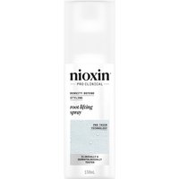White Nioxin Styling Thickening Spray bottle, 150ml, with black text and light blue label detailing Pro-Thick technology.