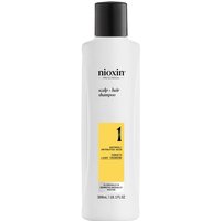 White Nioxin Systems Shampoo bottle, System 1, 300ml, with yellow label and black text.