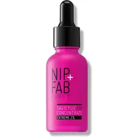 Pink bottle of NIP+FAB Salicylic Fix Concentrate Extreme 2% with black dropper cap and bold black text.