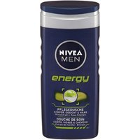 Navy blue Nivea Men Energy Shower Gel 250ml bottle with lime graphic and silver flip cap.