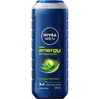 NIVEA Men Energy Shower Gel 500 ml, dark blue bottle with silver cap, green swirl design on front.