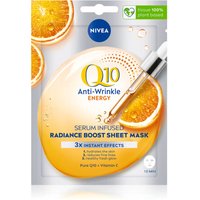 NIVEA Q10 Anti-Wrinkle Energy Sheet Mask with Vitamin C, orange slices, and serum dropper on packaging.