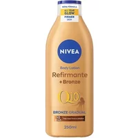 Nivea Q10 Firming + Bronze Body Lotion 250ml, gold bottle with blue cap and logo, gradual tan formula.