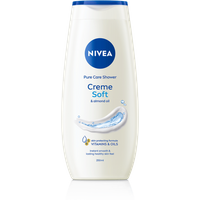 NIVEA Shower Cream Soft 250 ml bottle, white with blue logo, splash graphic, and almond oil mention.