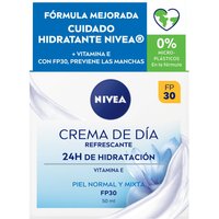 Nivea Vitamin E Day Cream SPF30, white and blue box with green heart icon, 50ml.