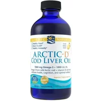 Nordic Naturals ArcticD Cod Liver Oil Lemon 237ml in blue bottle with yellow label and black cap.