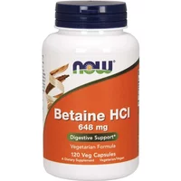 NOW Foods Betaine HCl 648mg, white bottle with orange label, 120 vegetarian capsules, blue cap.