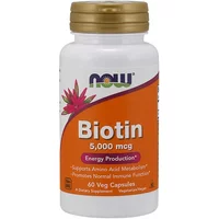 White bottle with orange label, NOW Foods Biotin 5000mcg, 60 Veg Capsules, gold cap, purple and green logo.