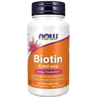 White bottle of NOW Foods Biotin 5000mcg with purple cap and orange label, featuring 120 capsules.