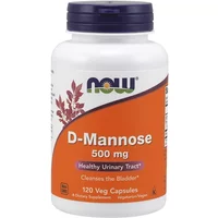 NOW Foods D-Mannose 500mg capsules in a white bottle with orange label, 120 veg capsules.