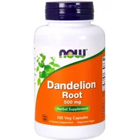 White bottle with purple cap, orange label, green text "Dandelion Root 500mg," by NOW Foods, 100 Veg Capsules.