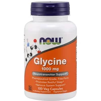 White bottle of NOW Foods Glycine 1000mg with purple cap and orange label featuring molecular graphic.