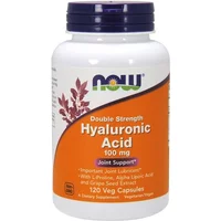 White bottle with purple cap, orange label, NOW Foods logo, text "Hyaluronic Acid 100mg Double Strength, 120 Veg Capsules."