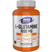 NOW Foods L-Glutamine 1000mg, orange bottle, 120 capsules, white label with purple and orange accents.