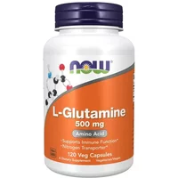White bottle with purple cap, orange label, NOW Foods logo, and text "L-Glutamine 500mg, 120 Veg Capsules."