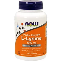 White bottle of NOW Foods L-Lysine 1000mg tablets with orange label and blue logo.