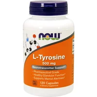 NOW Foods L-Tyrosine 500mg capsules, white bottle with orange label, 120 count, dietary supplement.