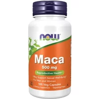 NOW Foods Maca 500mg capsules, white bottle with orange label, 100 veg capsules, green leaf graphic.